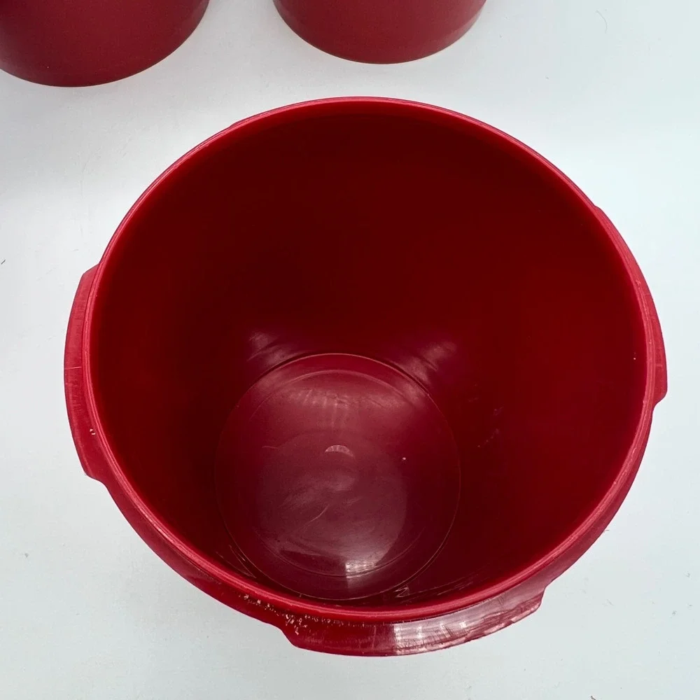Tupperware Servalier Canister Set 4pc Red Tulip Quilt Vintage 70s Sunburst Lid